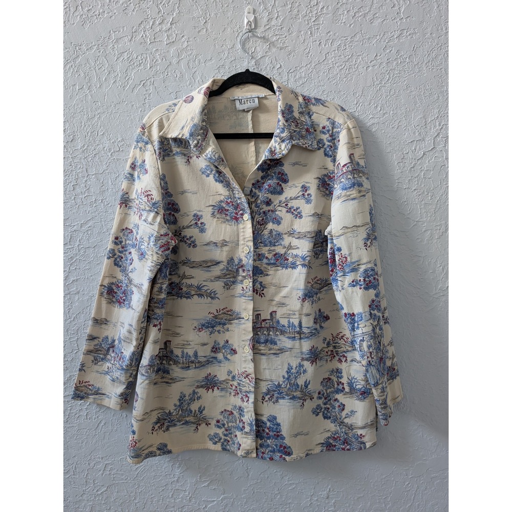 Maren Button Shirt Women XL Cotton Spandex Toile Hot Air Balloon USA Eclectic